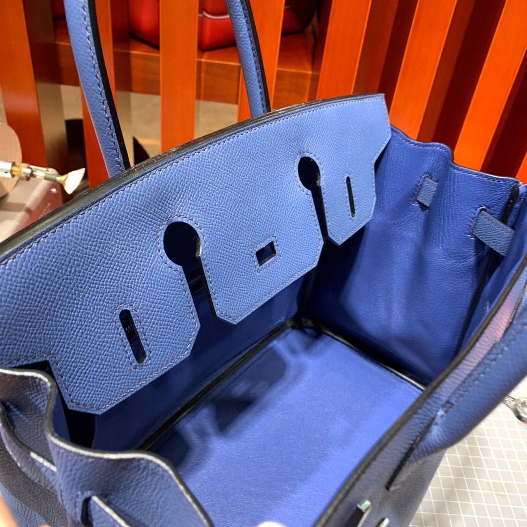 爱马仕铂金包尺寸 Hermes Birkin25CM R2玛瑙蓝顶级Epsom牛皮 银扣
