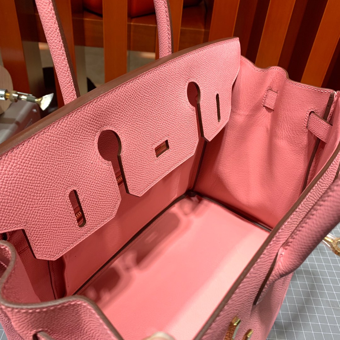 爱马仕包包定制 Hermes进口手掌纹牛皮铂金包Birkin25CM 1Q奶昔粉 金扣
