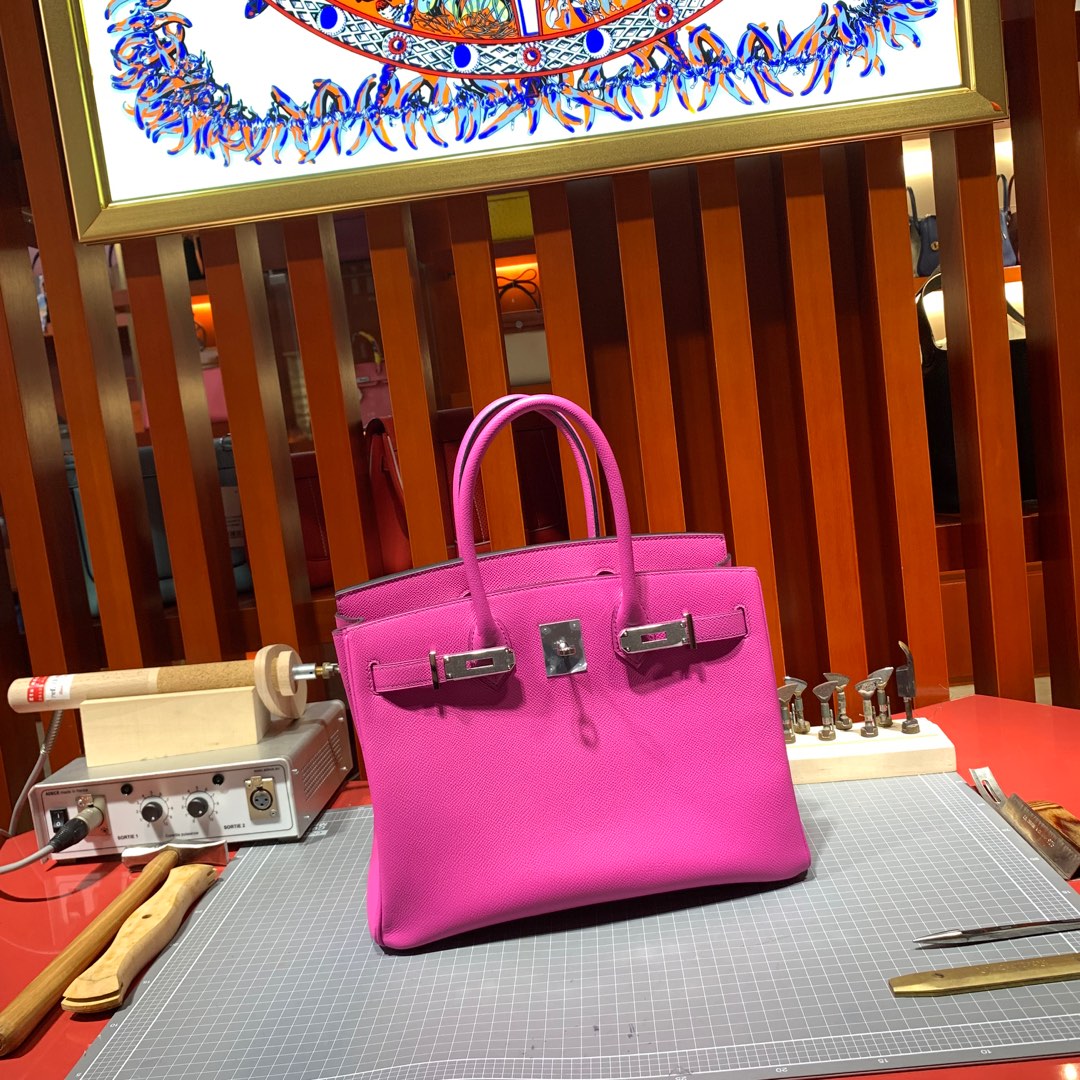 爱马仕包包定制 Hermes进口手掌纹牛皮Birkin25铂金包 9i玉兰粉 银扣