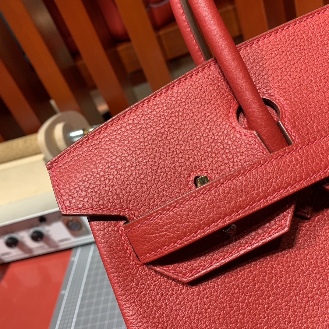 爱马仕包包官网 Hermes进口Togo牛皮Birkin30铂金包 中国红 金银扣