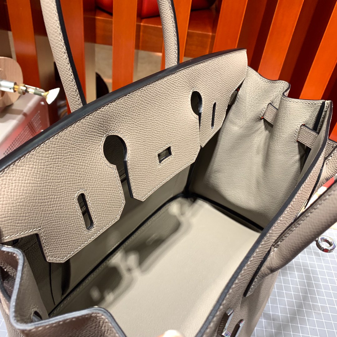 Hermes Birkin25CM 爱马仕M8沥青灰十字纹牛皮铂金包 银扣