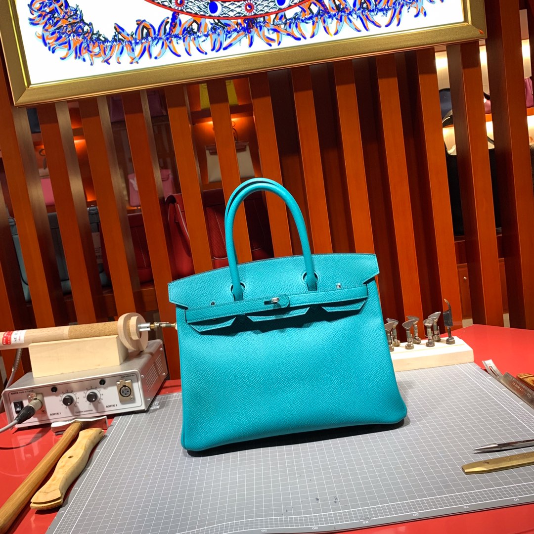Hermes Birkin25CM 爱马仕7F孔雀蓝顶级手掌纹牛皮铂金包 银扣