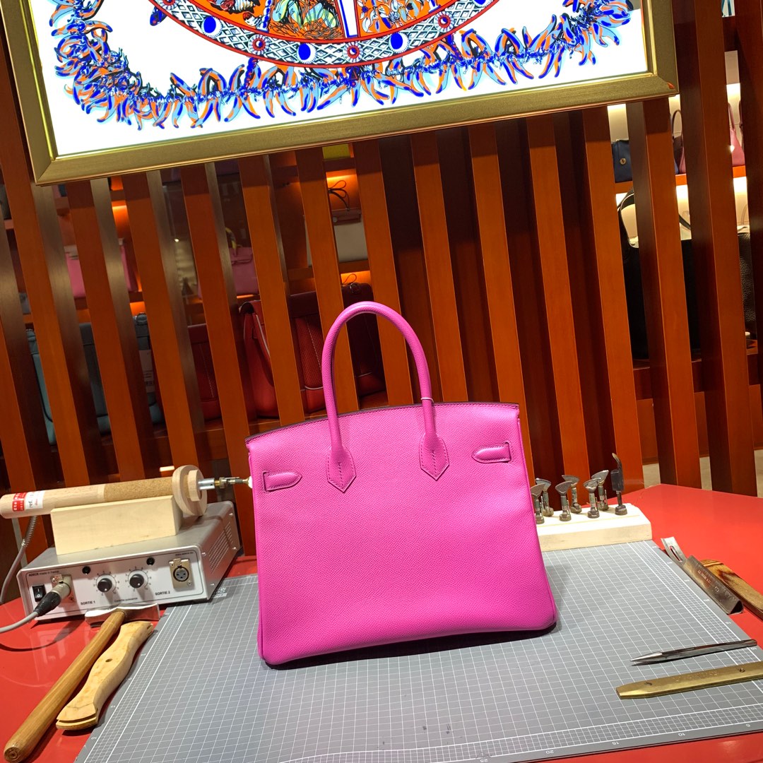 爱马仕包包定制 Hermes进口手掌纹牛皮Birkin25铂金包 9i玉兰粉 银扣