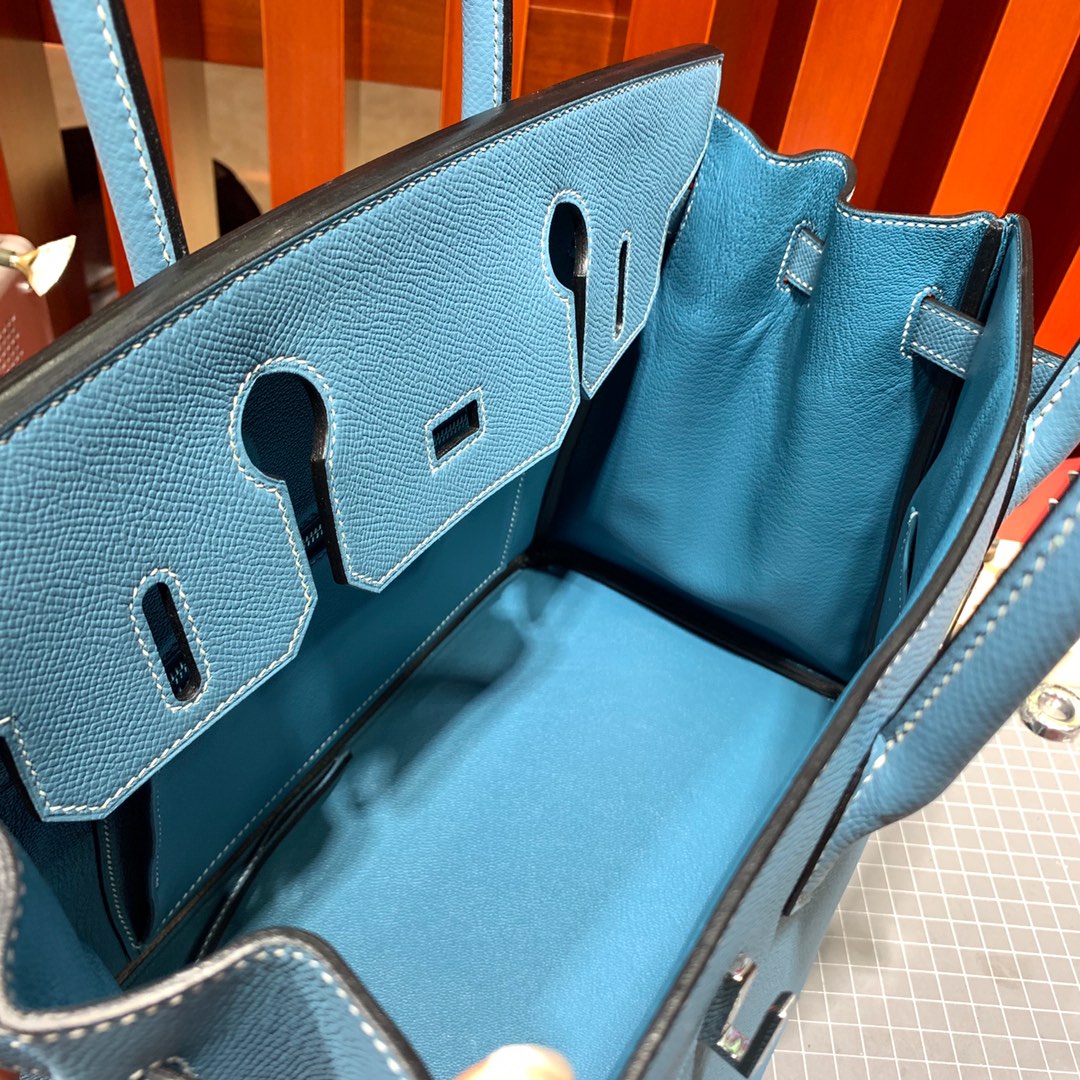 Hermes女包价格 爱马仕75牛仔蓝进口Epsom牛皮铂金包Birkin25CM 银扣