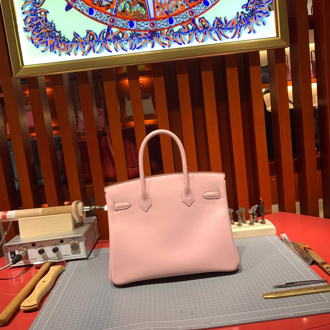 Hermes女包价格 爱马仕3Q芭比粉十字纹牛皮铂金包Birkin25CM 银扣