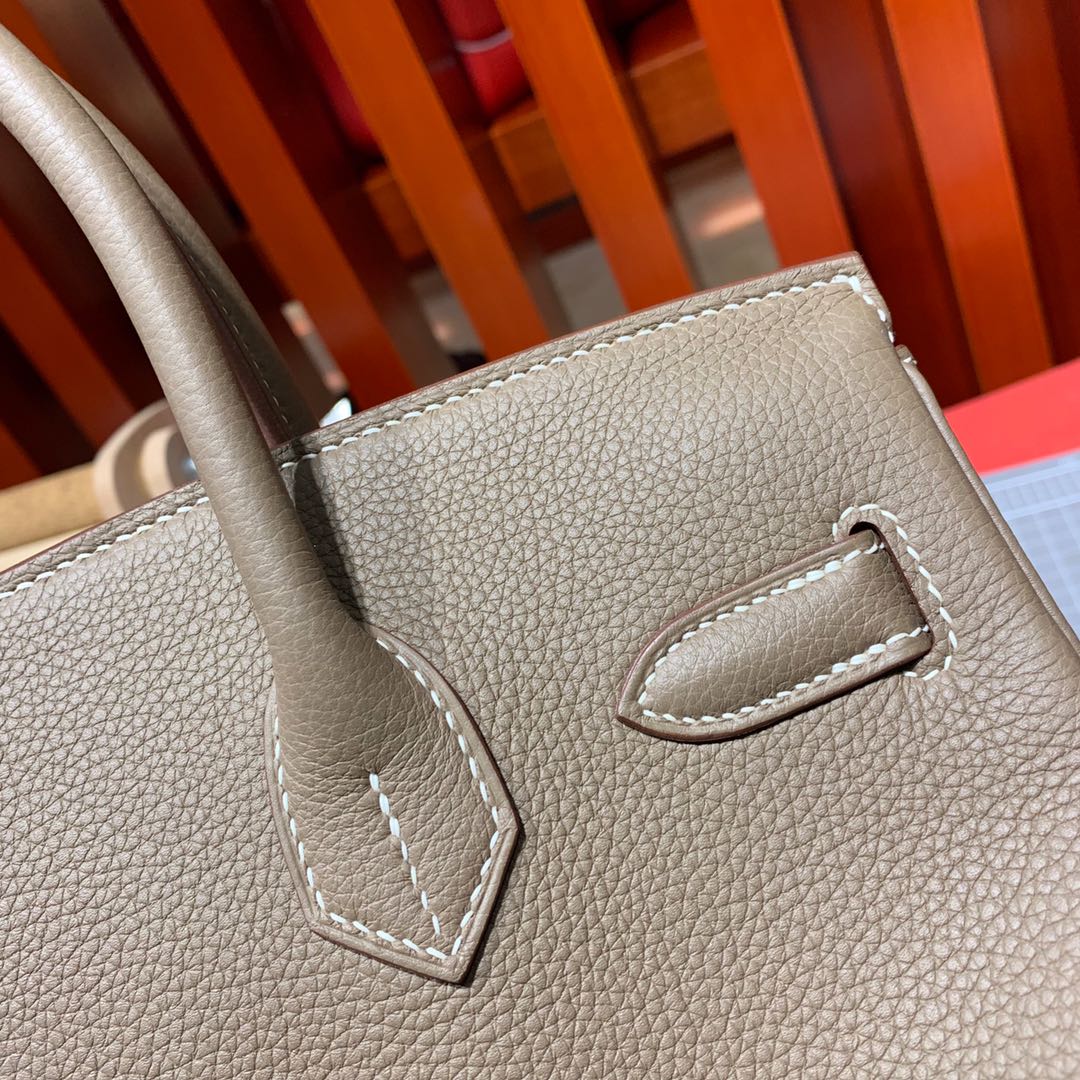 Hermes Birkin30CM 爱马仕大象灰进口荔枝纹牛皮经典款铂金包 金银扣