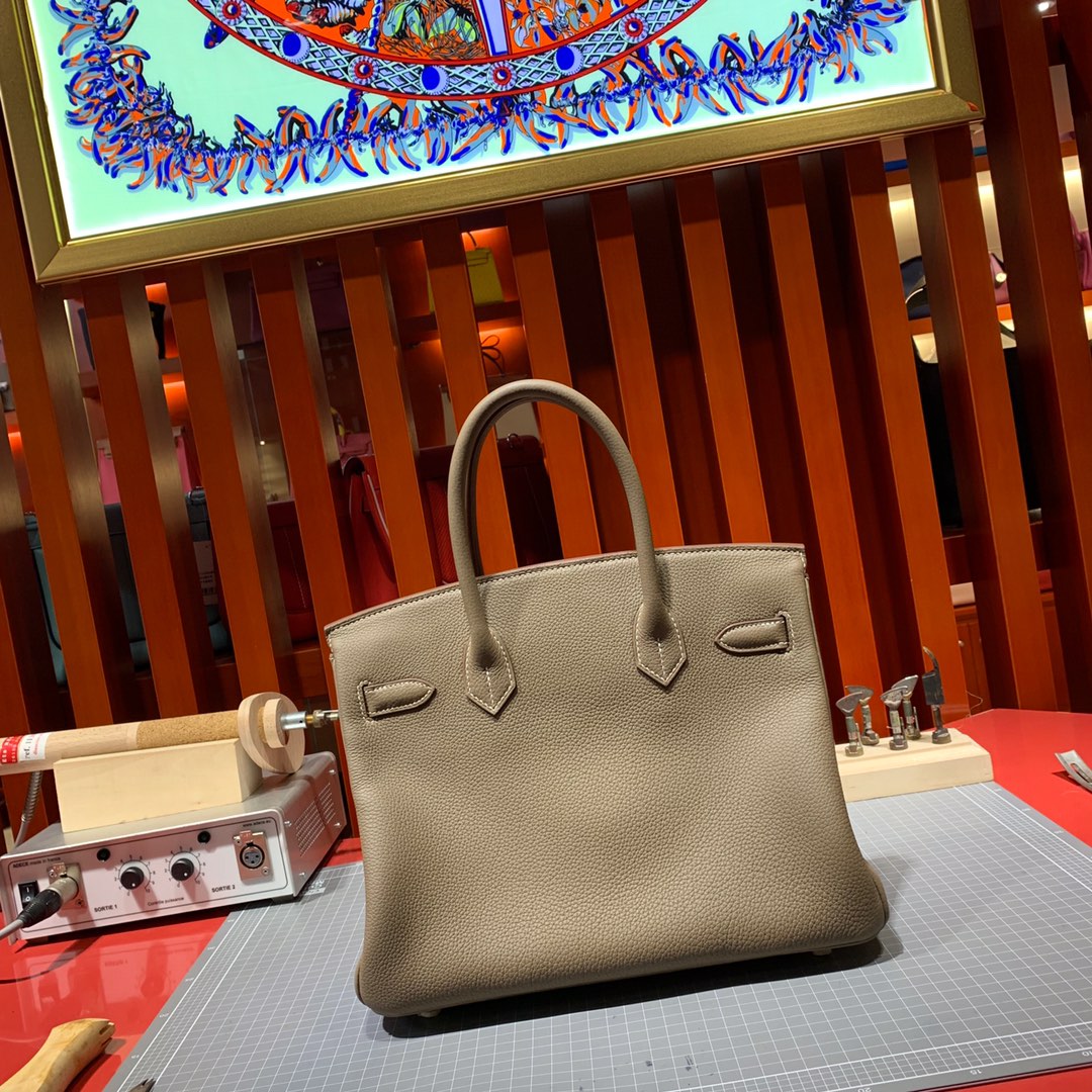 Hermes Birkin30CM 爱马仕大象灰进口荔枝纹牛皮经典款铂金包 金银扣