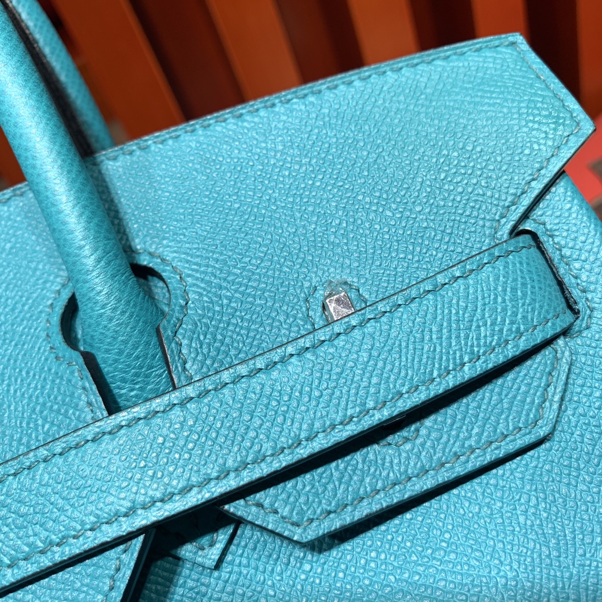 Hermes Birkin25CM 爱马仕7F孔雀蓝顶级手掌纹牛皮铂金包 银扣