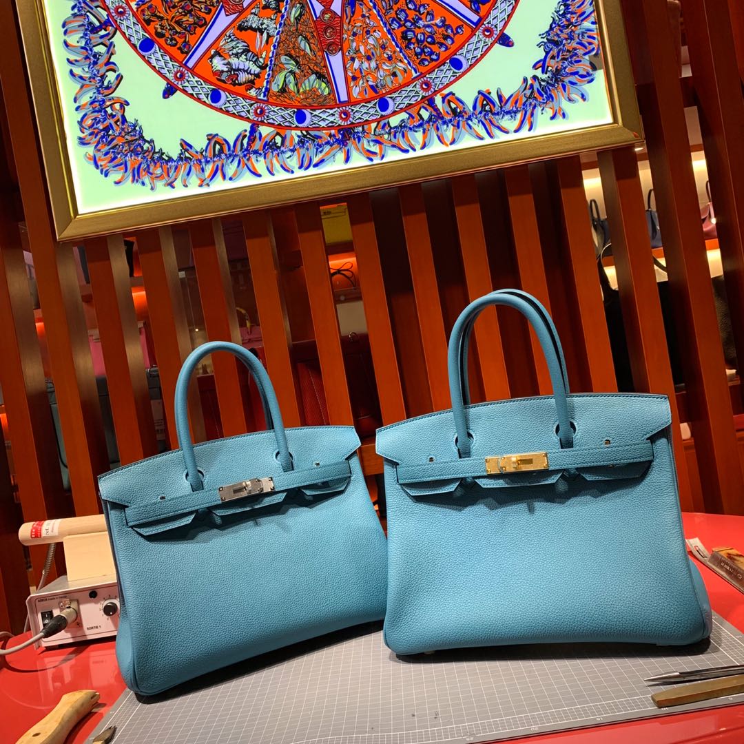Hermes经典女包 爱马仕松石蓝进口荔枝纹牛皮铂金包Birkin30CM 金银扣