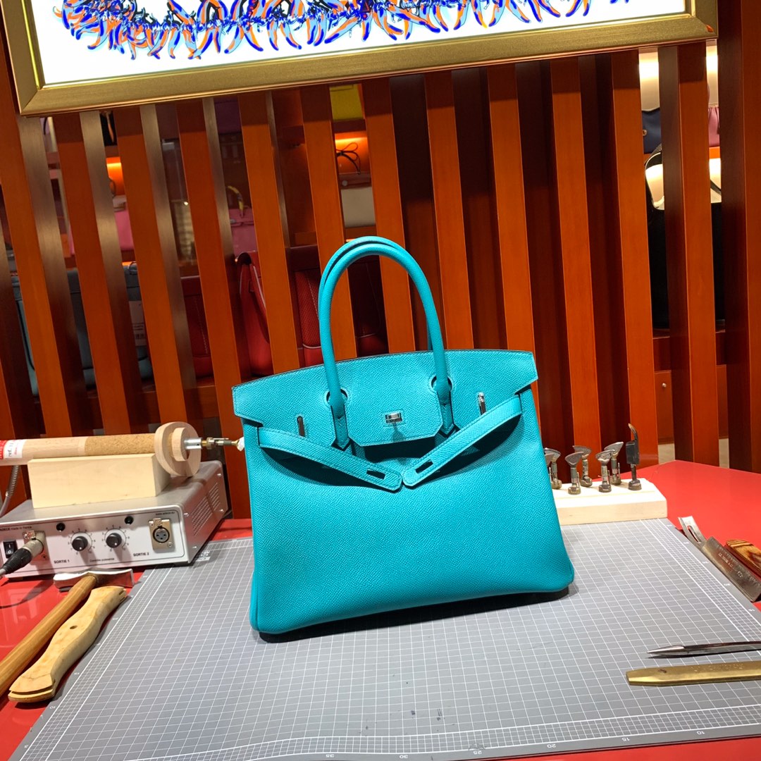 Hermes Birkin25CM 爱马仕7F孔雀蓝顶级手掌纹牛皮铂金包 银扣