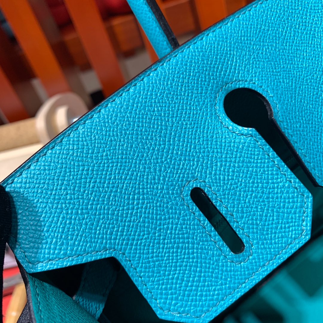 Hermes Birkin25CM 爱马仕7F孔雀蓝顶级手掌纹牛皮铂金包 银扣