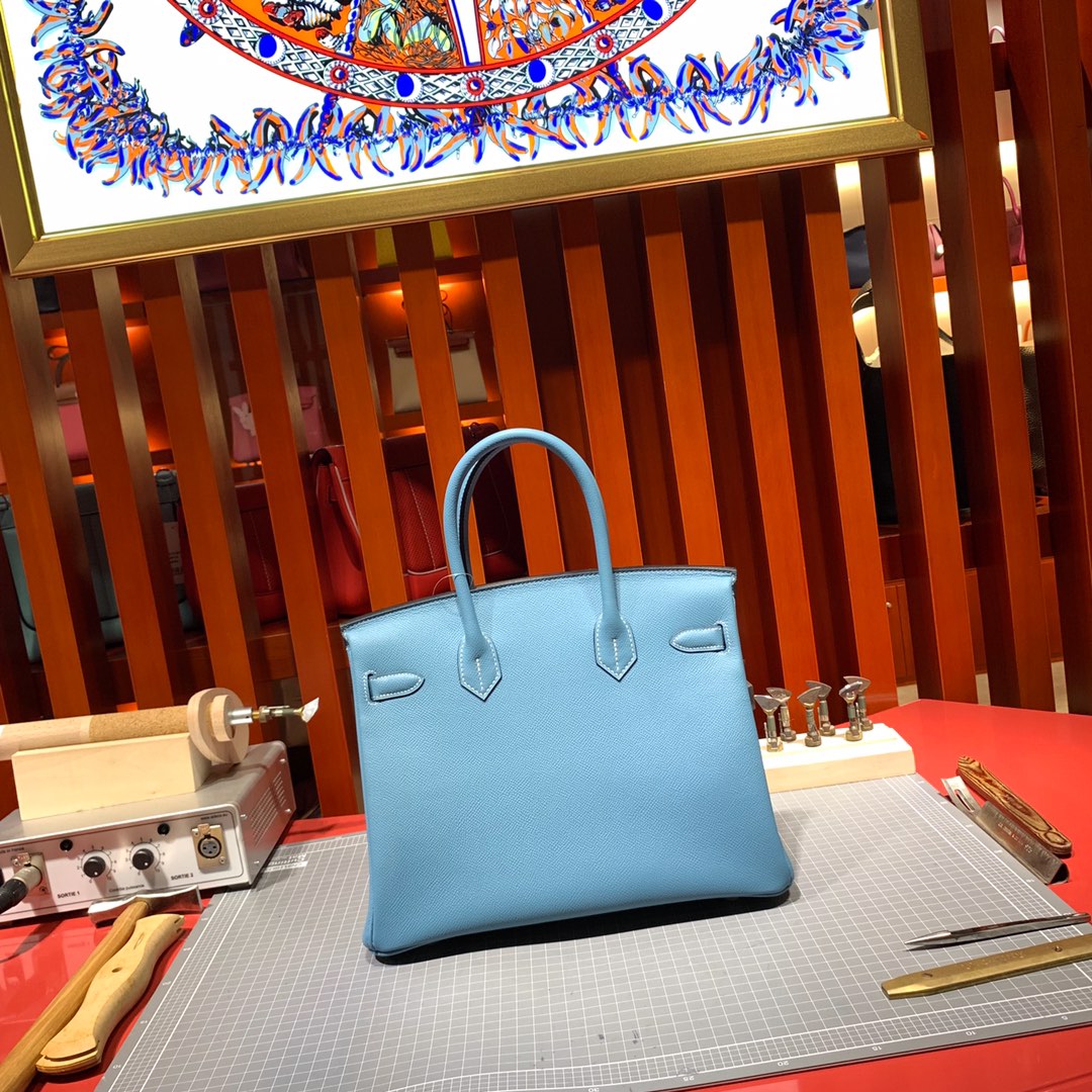 Hermes女包价格 爱马仕75牛仔蓝进口Epsom牛皮铂金包Birkin25CM 银扣