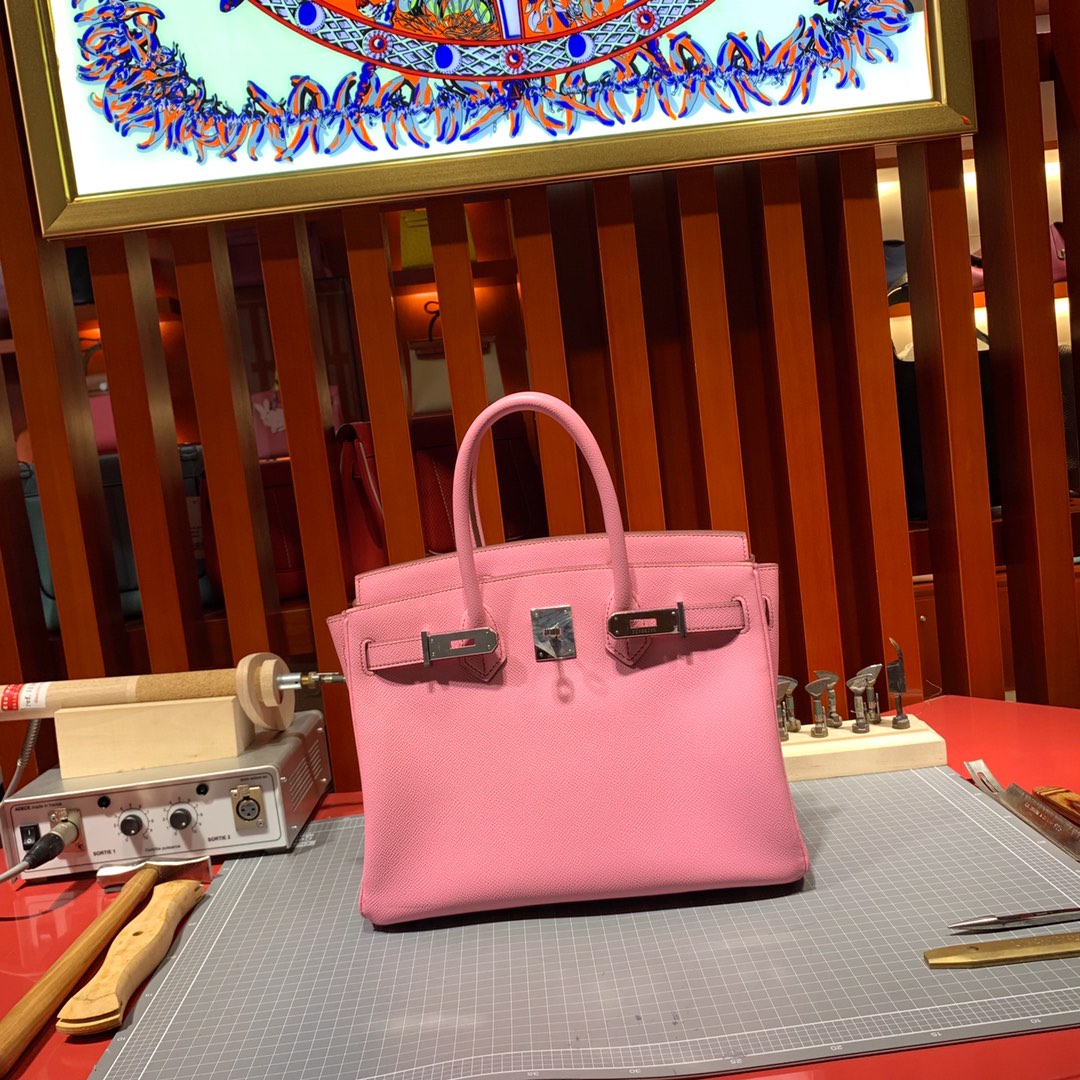 爱马仕铂金包价格 Hermes Birkin25CM 5P樱花粉Epsom牛皮 银扣