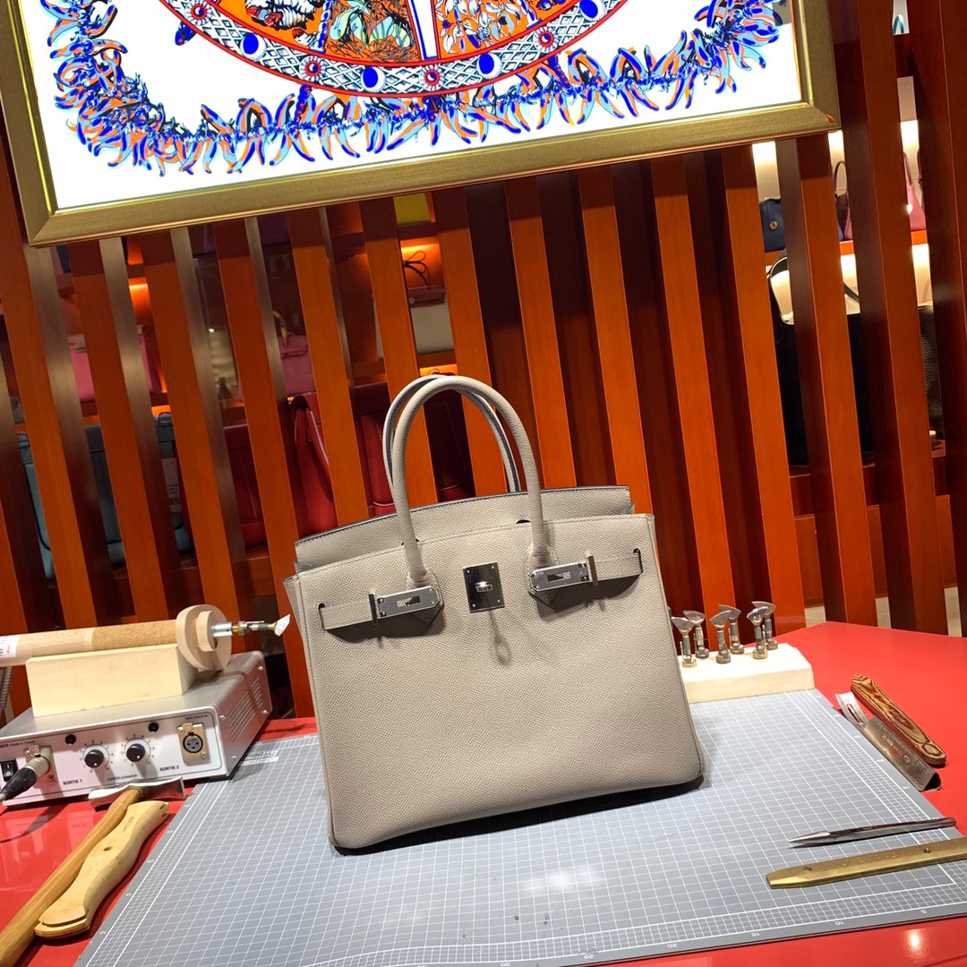 Hermes Birkin25CM 爱马仕M8沥青灰十字纹牛皮铂金包 银扣