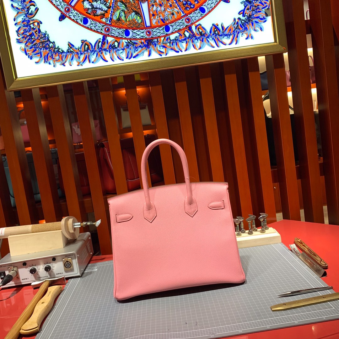 爱马仕包包定制 Hermes进口手掌纹牛皮铂金包Birkin25CM 1Q奶昔粉 金扣