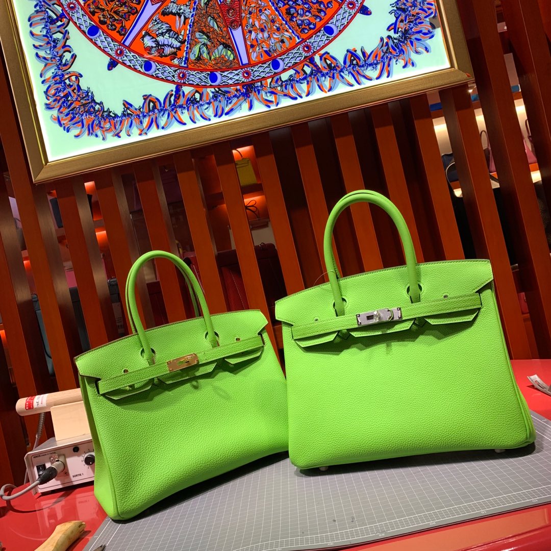 爱马仕Birkin包包 Hermes2019新色苹果绿进口Togo牛皮铂金包 银扣