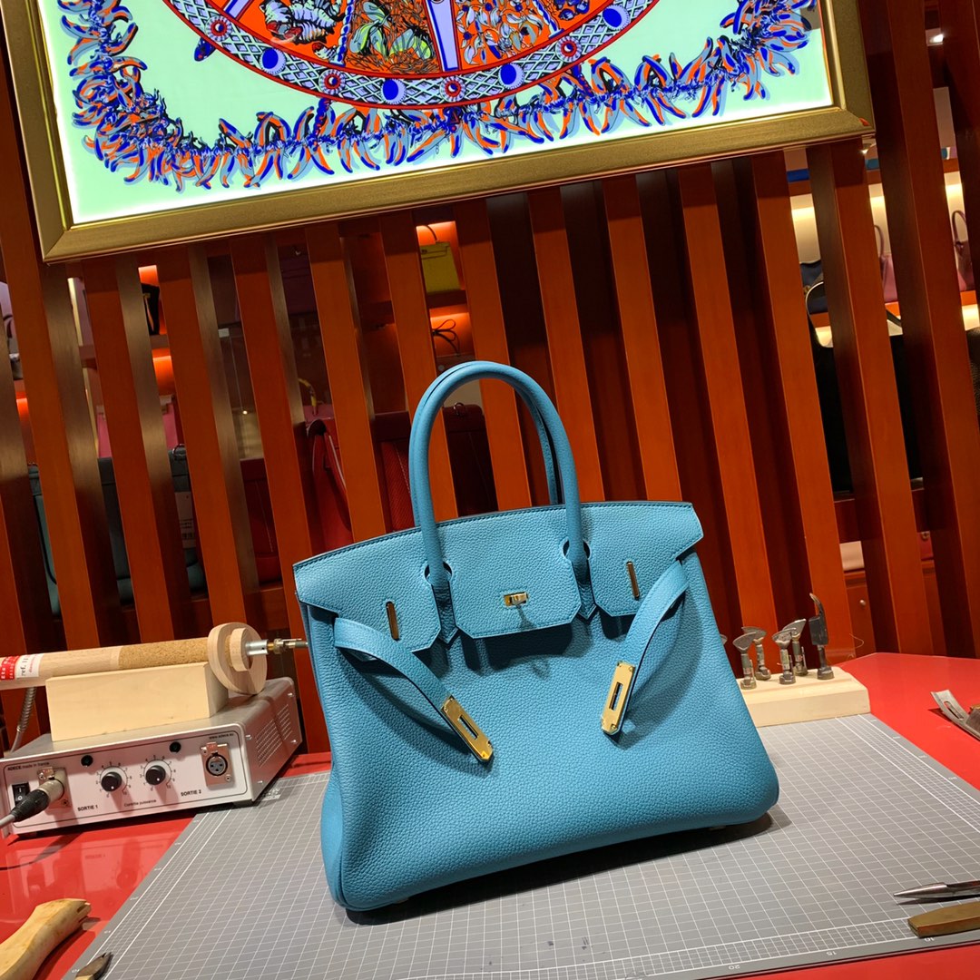 Hermes经典女包 爱马仕松石蓝进口荔枝纹牛皮铂金包Birkin30CM 金银扣