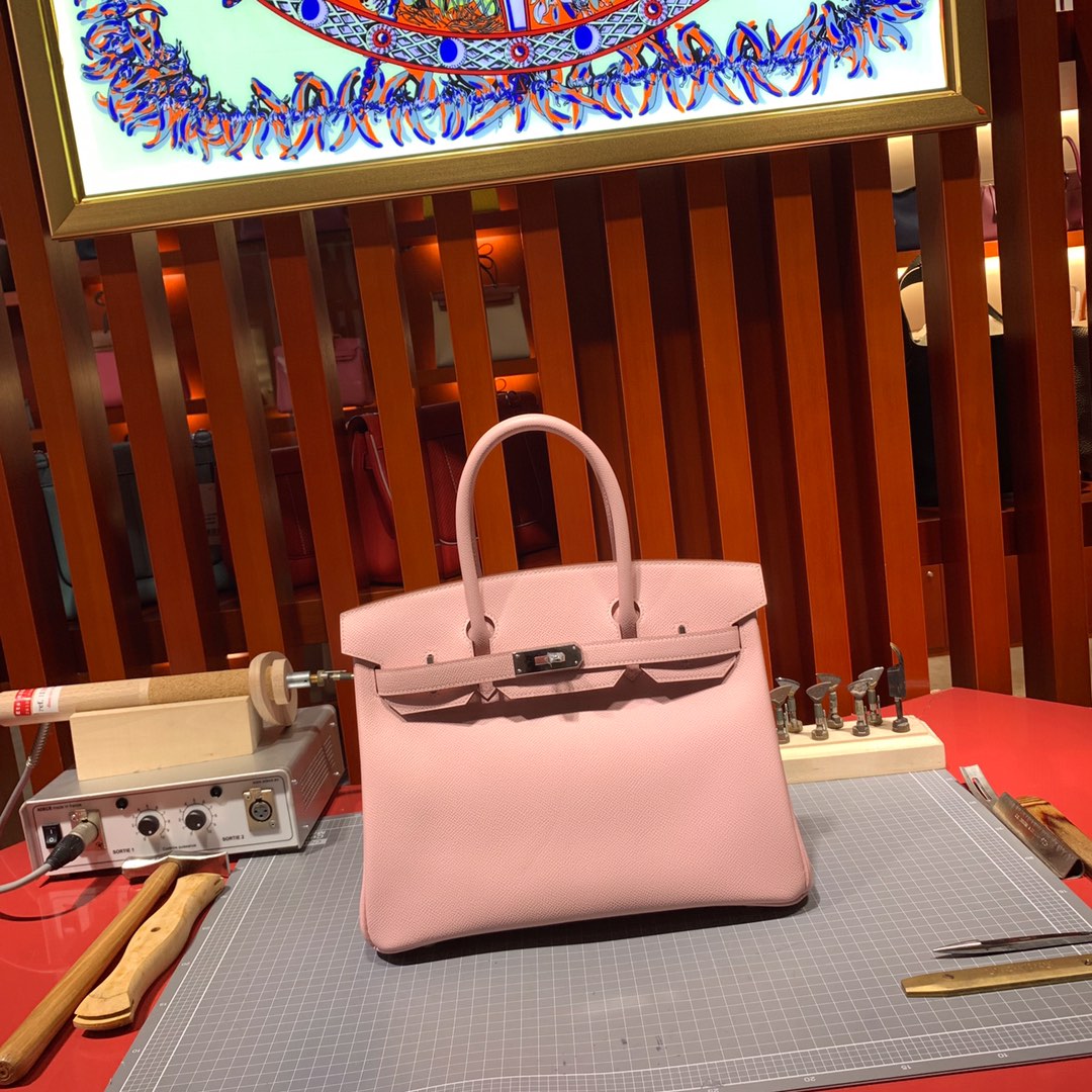 Hermes女包价格 爱马仕3Q芭比粉十字纹牛皮铂金包Birkin25CM 银扣