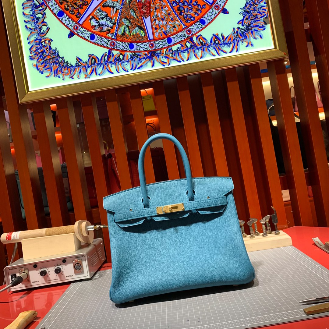 Hermes经典女包 爱马仕松石蓝进口荔枝纹牛皮铂金包Birkin30CM 金银扣