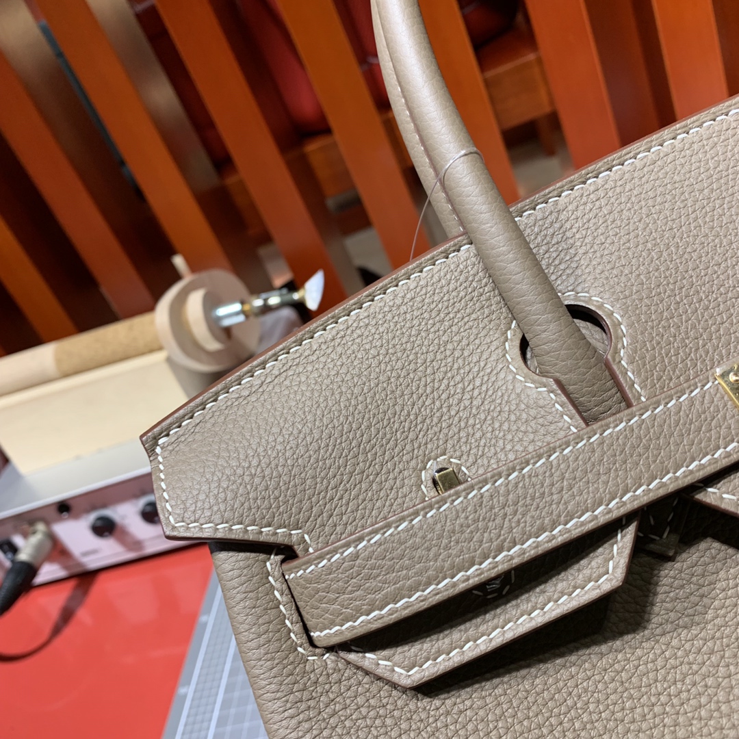 Hermes Birkin30CM 爱马仕大象灰进口荔枝纹牛皮经典款铂金包 金银扣