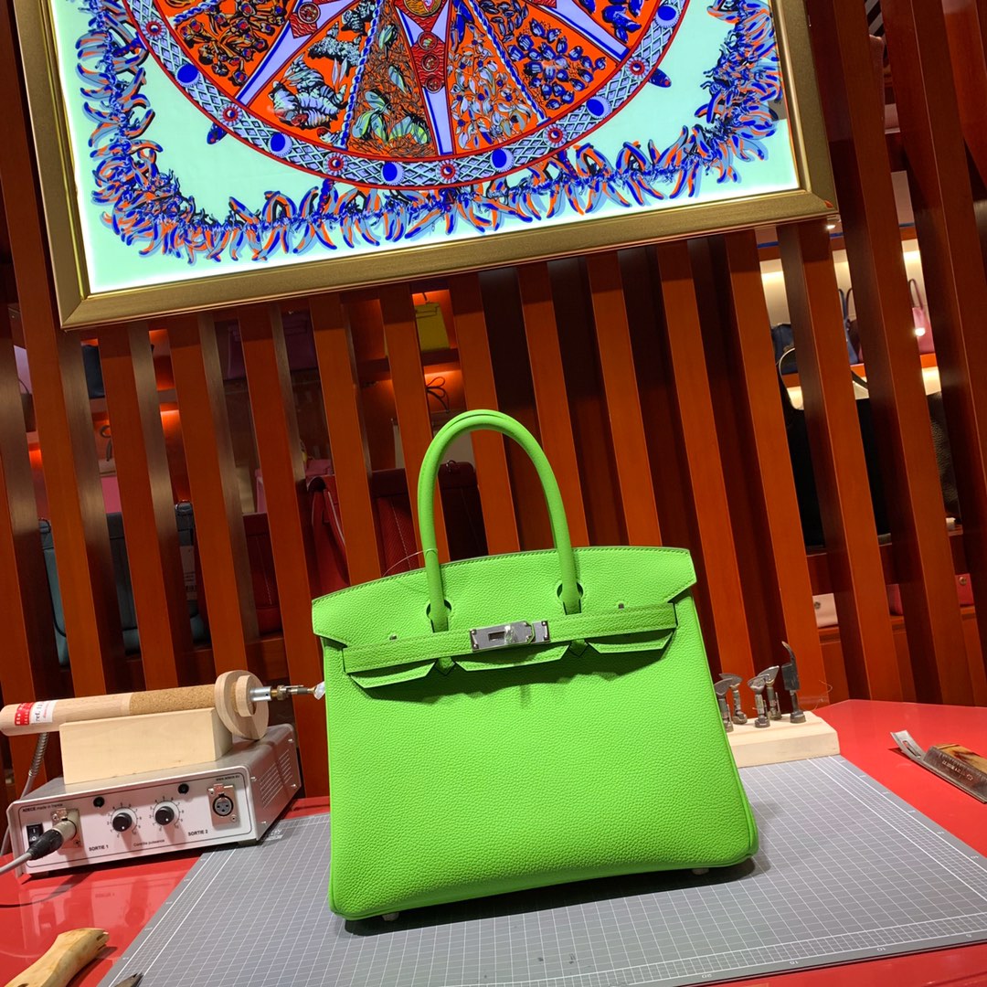 爱马仕Birkin包包 Hermes2019新色苹果绿进口Togo牛皮铂金包 银扣