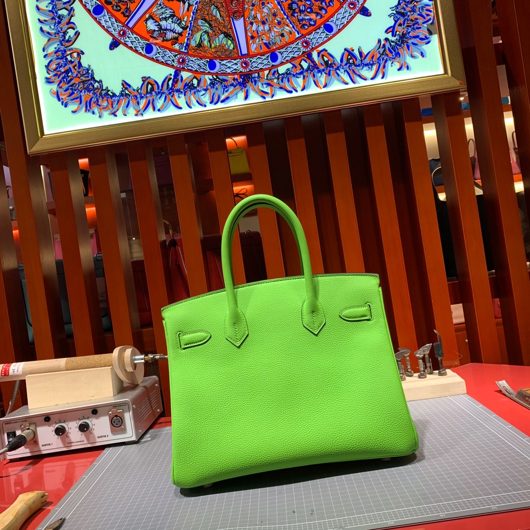 爱马仕Birkin包包 Hermes2019新色苹果绿进口Togo牛皮铂金包 银扣