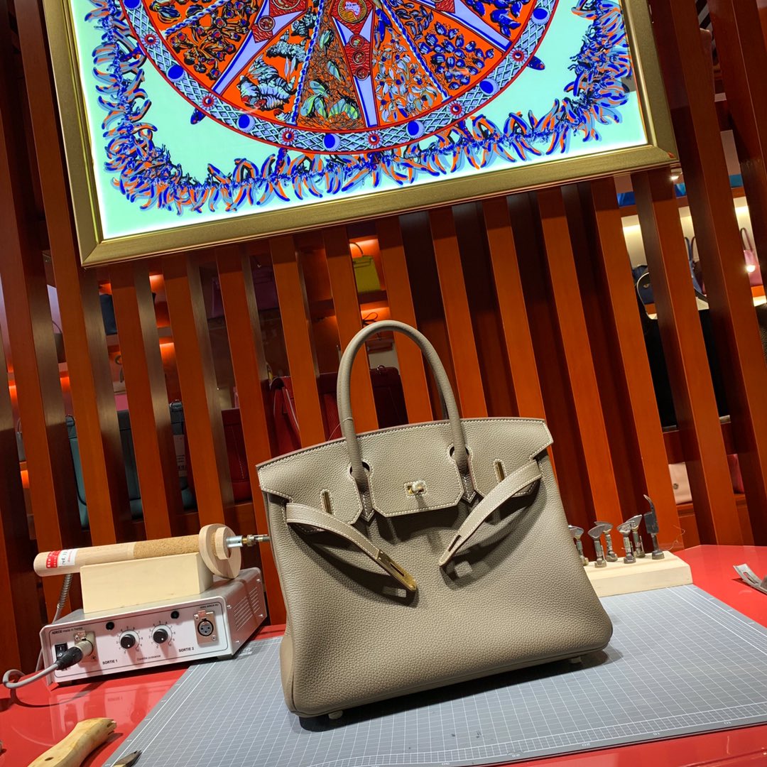 Hermes Birkin30CM 爱马仕大象灰进口荔枝纹牛皮经典款铂金包 金银扣