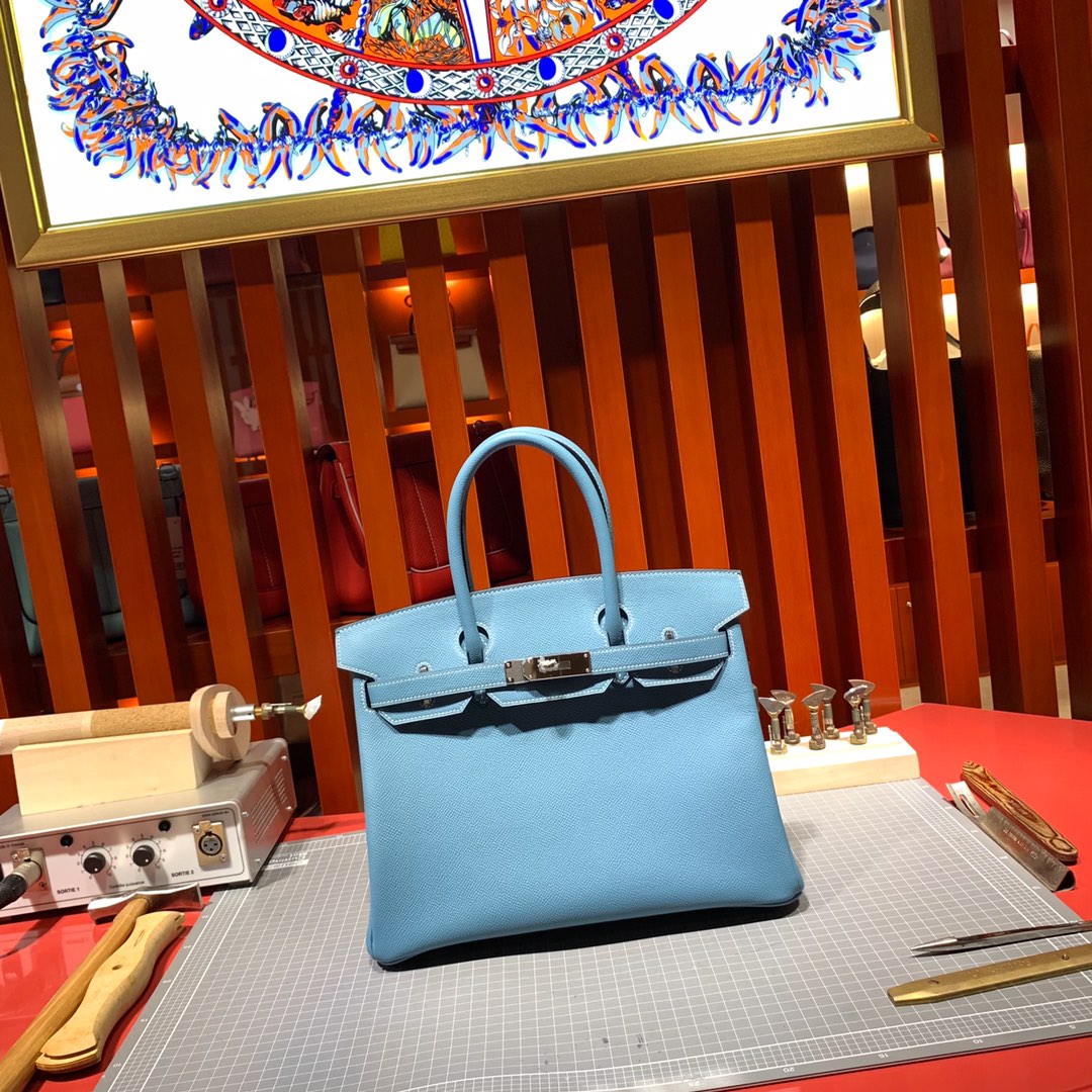 Hermes女包价格 爱马仕75牛仔蓝进口Epsom牛皮铂金包Birkin25CM 银扣