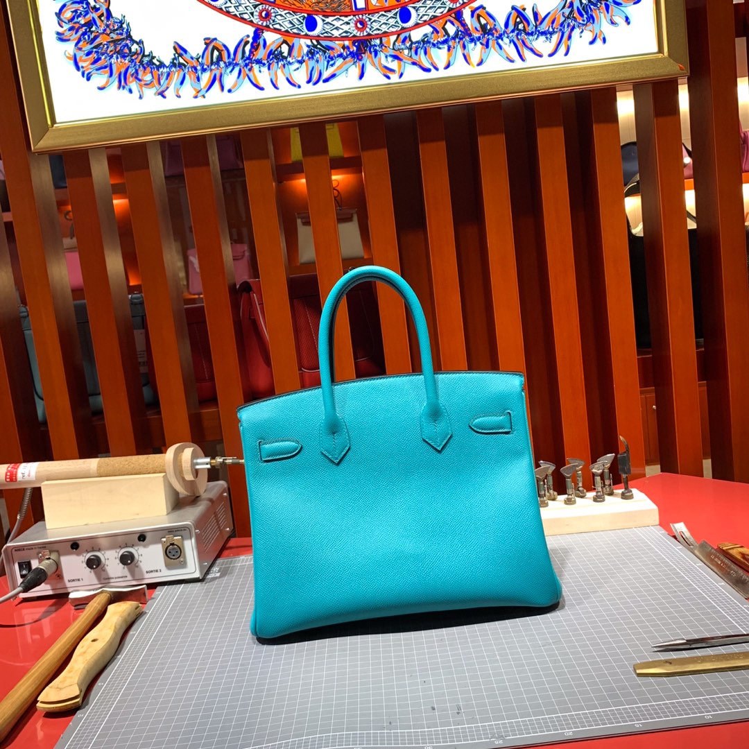 Hermes Birkin25CM 爱马仕7F孔雀蓝顶级手掌纹牛皮铂金包 银扣