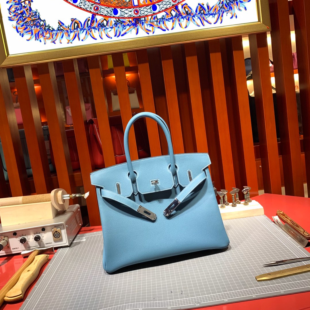 Hermes女包价格 爱马仕75牛仔蓝进口Epsom牛皮铂金包Birkin25CM 银扣