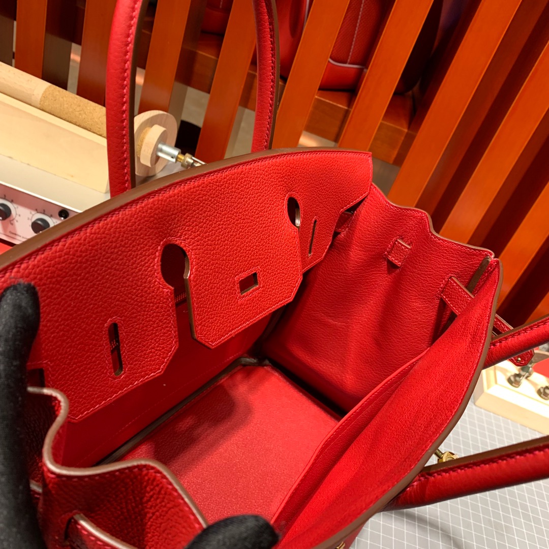 爱马仕包包官网 Hermes进口Togo牛皮Birkin30铂金包 中国红 金银扣