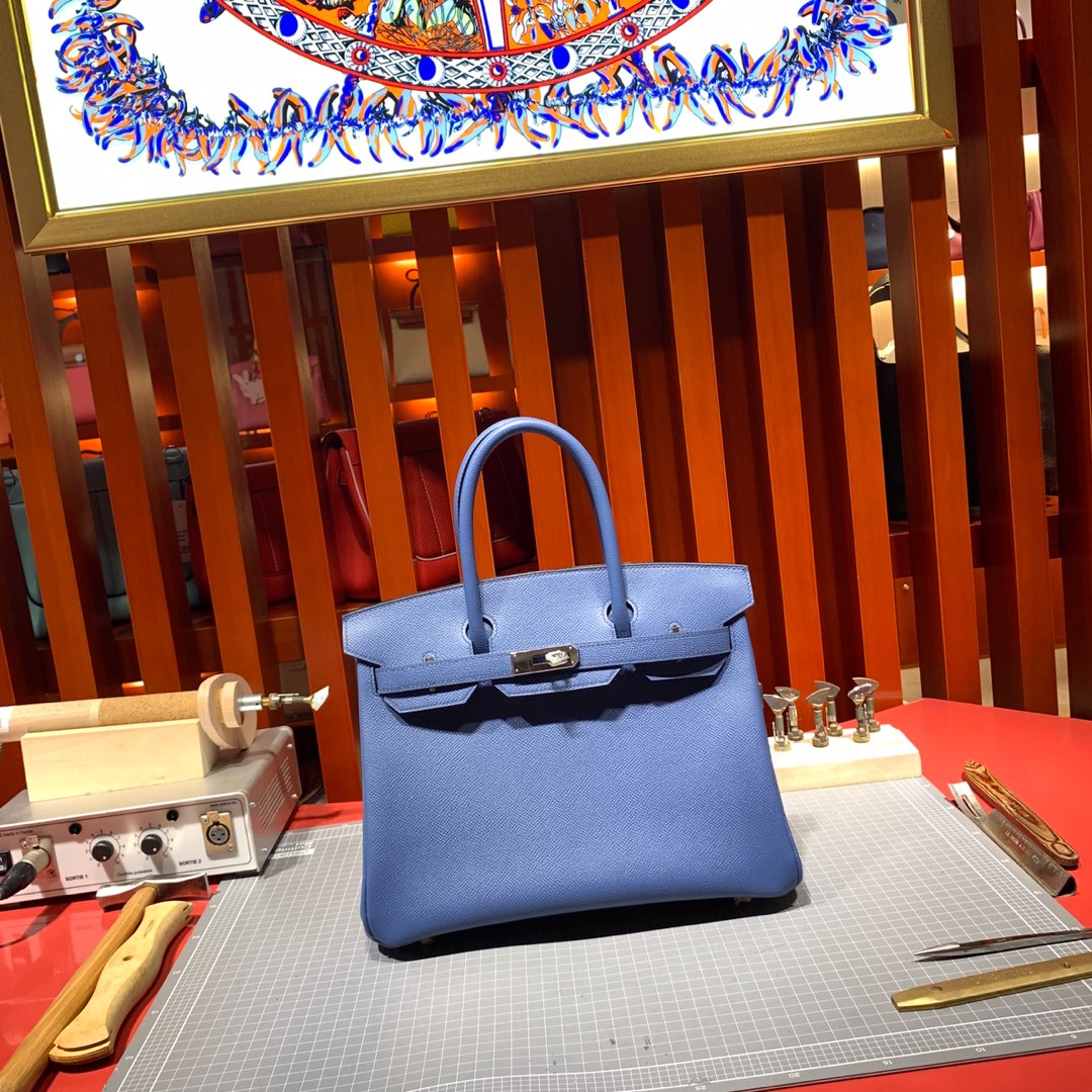 爱马仕铂金包尺寸 Hermes Birkin25CM R2玛瑙蓝顶级Epsom牛皮 银扣