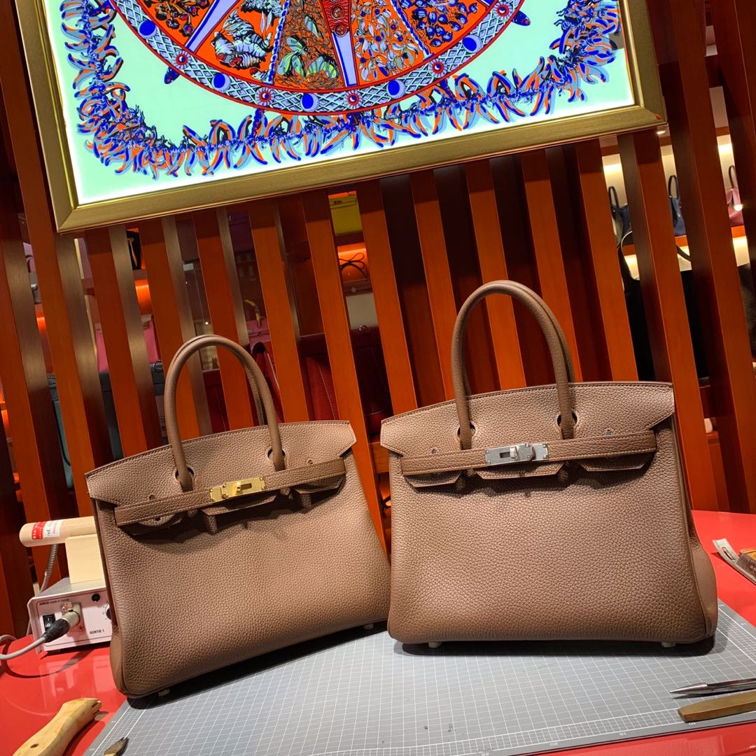 爱马仕铂金包价格 Hermes Birkin30CM 中啡进口Togo牛皮 金银扣
