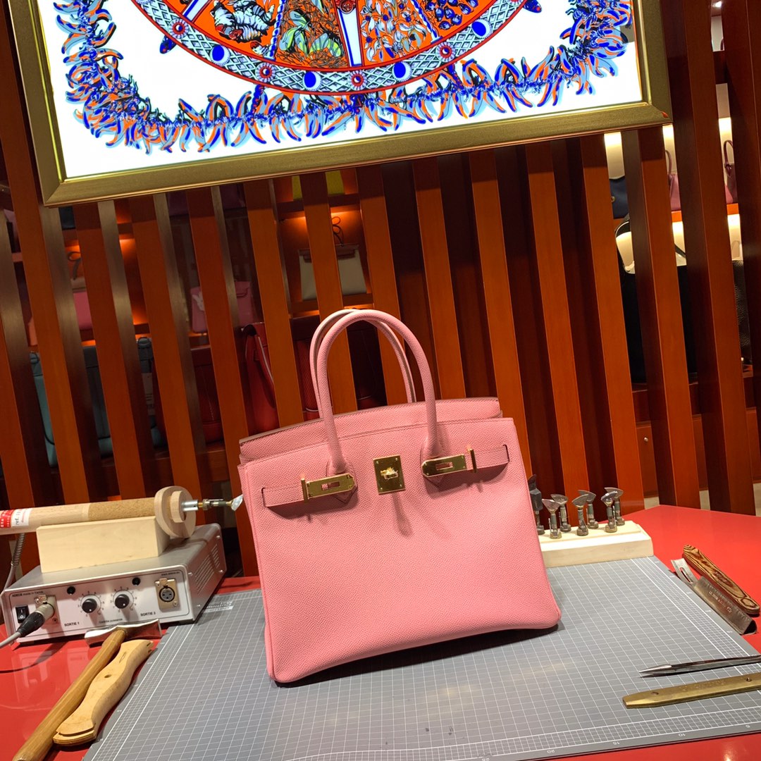 爱马仕包包定制 Hermes进口手掌纹牛皮铂金包Birkin25CM 1Q奶昔粉 金扣