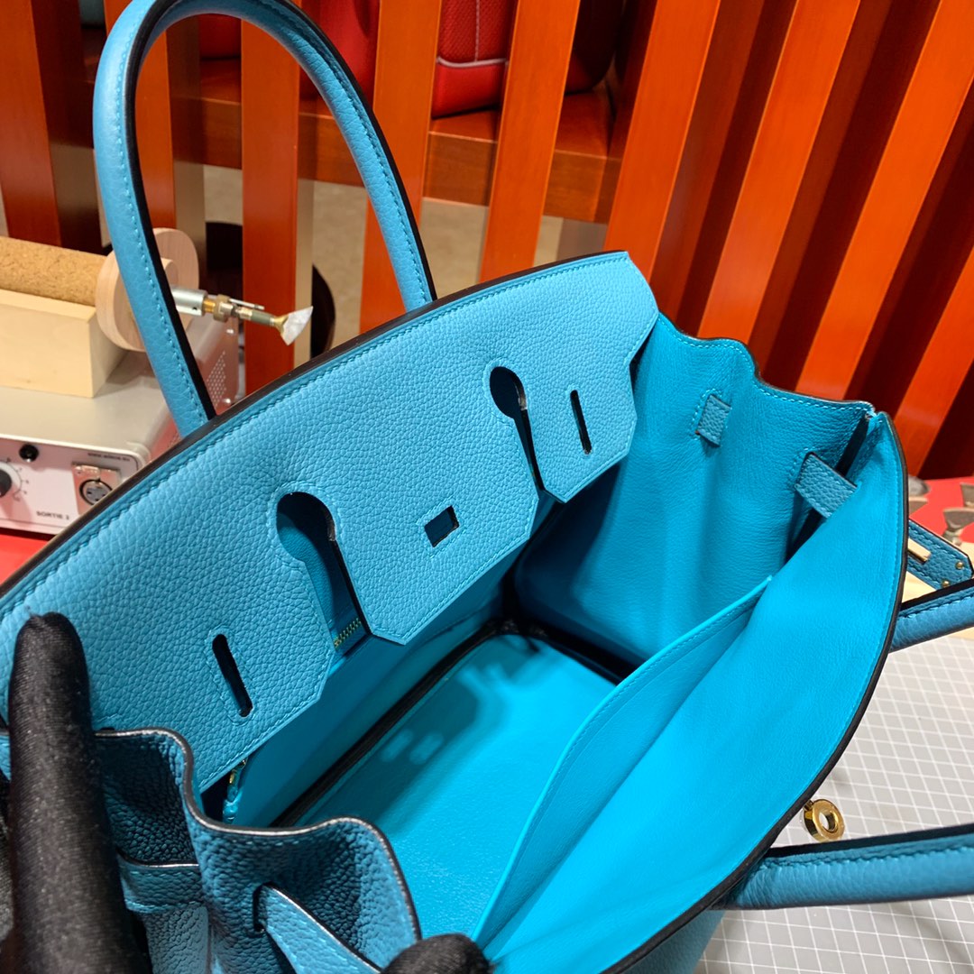 Hermes经典女包 爱马仕松石蓝进口荔枝纹牛皮铂金包Birkin30CM 金银扣