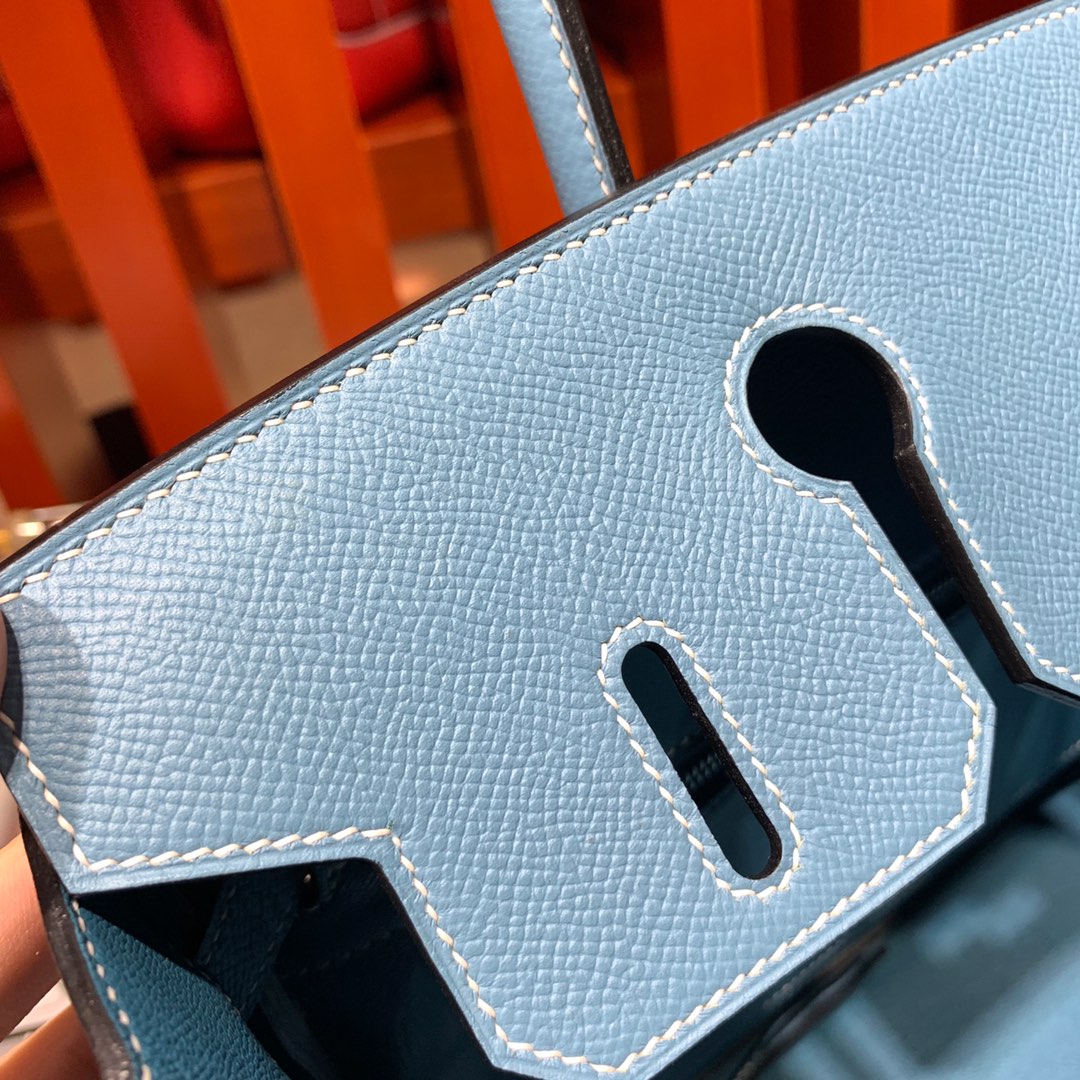 Hermes女包价格 爱马仕75牛仔蓝进口Epsom牛皮铂金包Birkin25CM 银扣