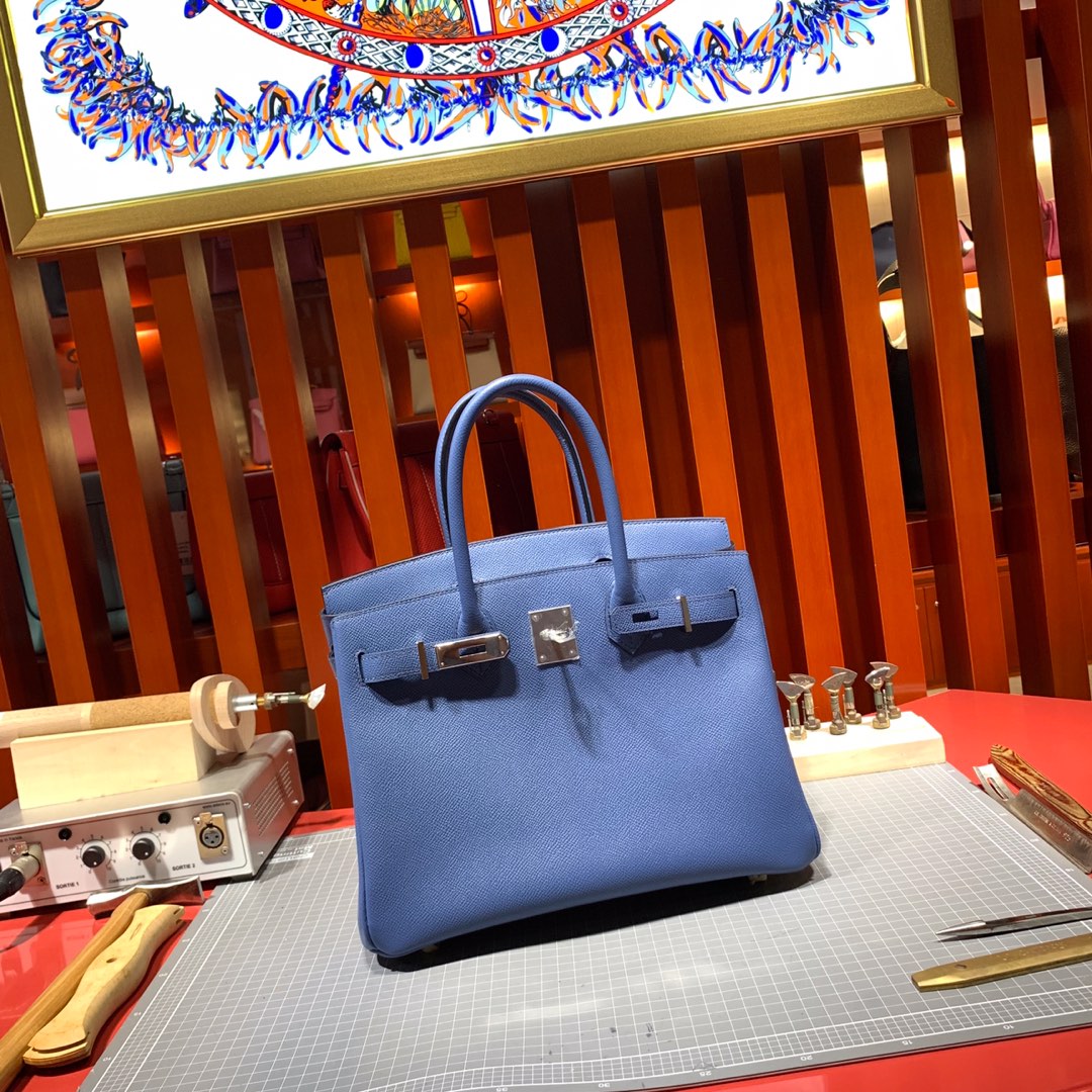 爱马仕铂金包尺寸 Hermes Birkin25CM R2玛瑙蓝顶级Epsom牛皮 银扣
