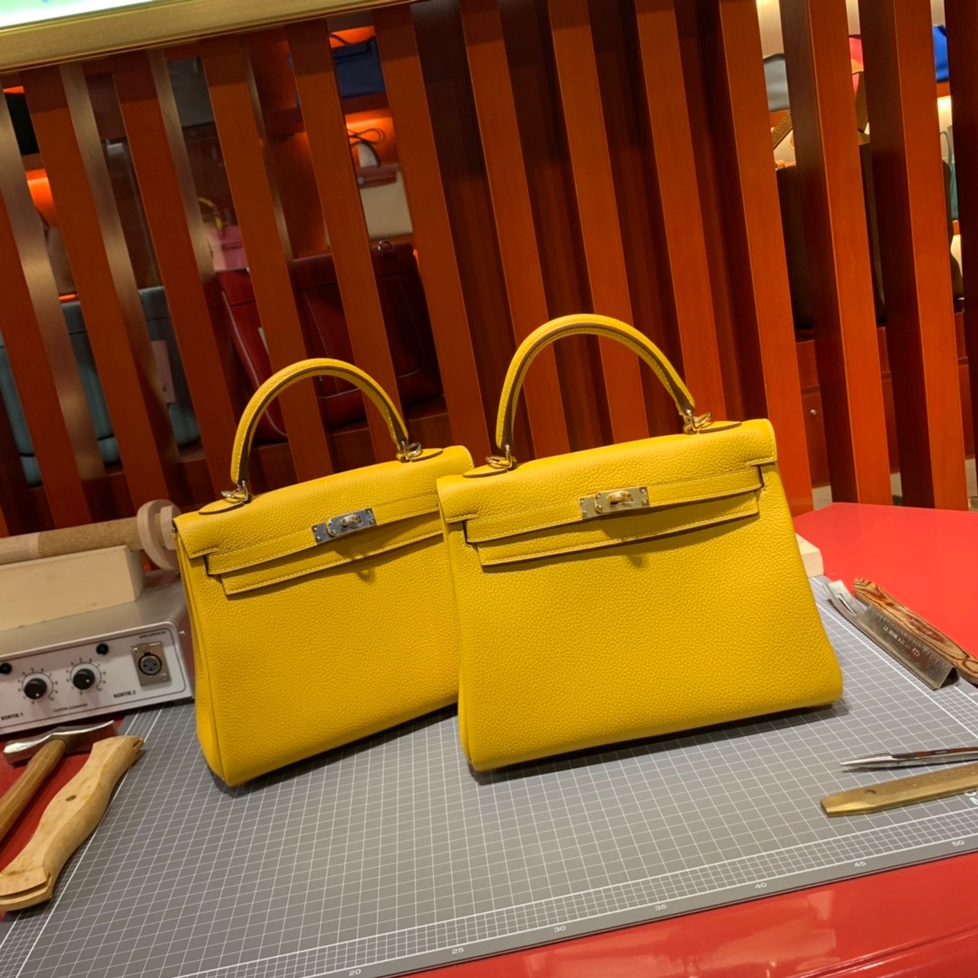 现货 爱马仕Kelly包包 HermesTogo小牛皮内缝凯莉包25CM 9D琥珀黄 金/银扣