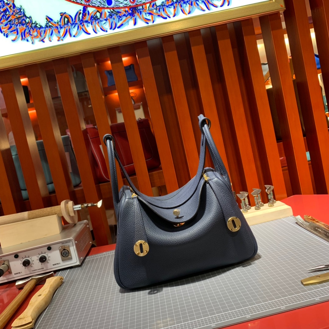 现货 爱马仕拼色琳迪包 Hermes Lindy30CM 宝石蓝拼沥青灰Togo牛皮 金扣
