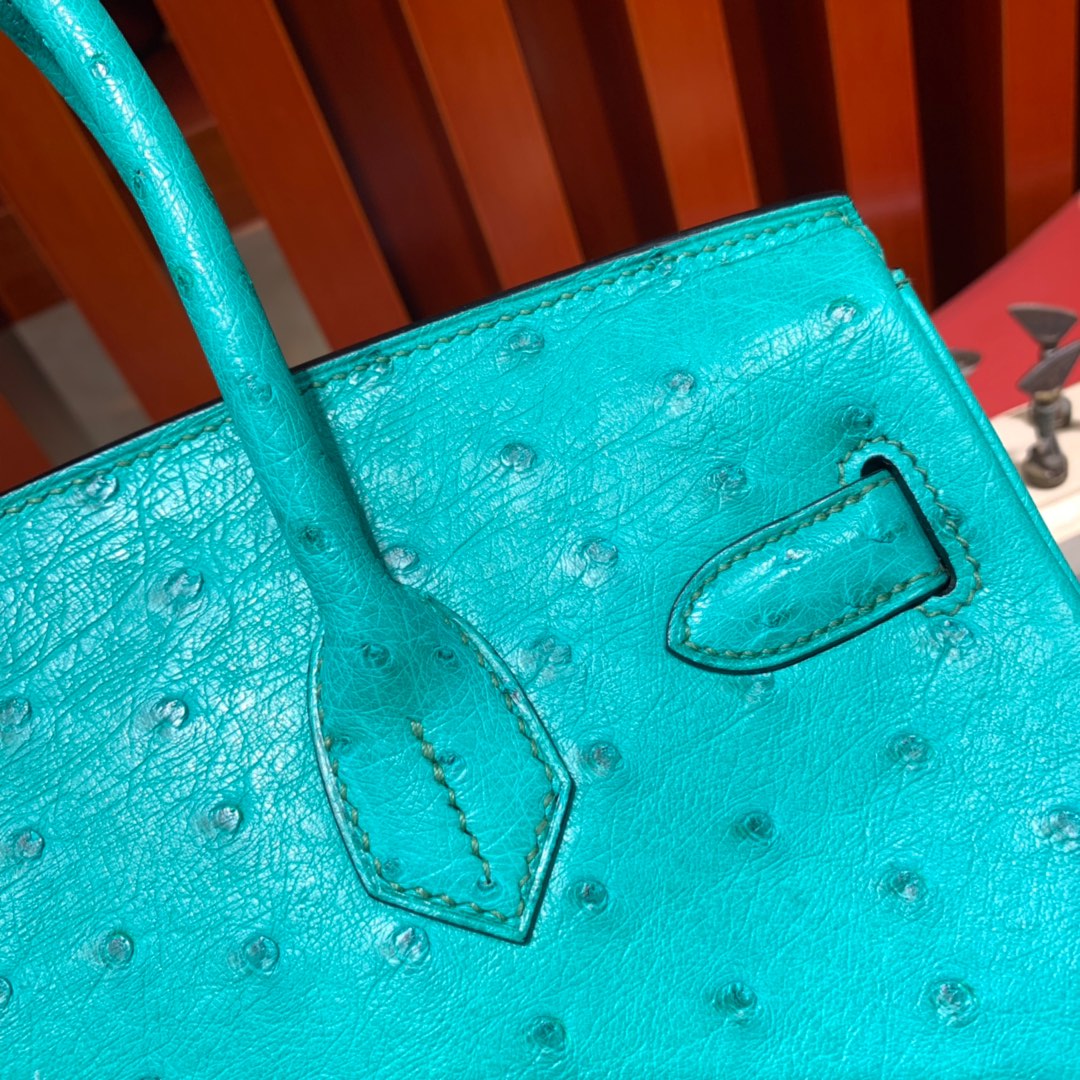 现货 爱马仕铂金包价格 Hermes Birkin30CM 薄荷绿南非鸵鸟皮铂金包 金扣