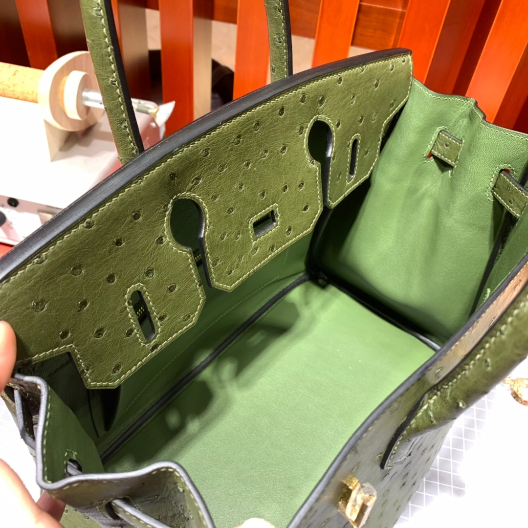 现货 Hermes女包定制 爱马仕丛林绿南非鸵鸟皮铂金包Birkin30CM 金扣