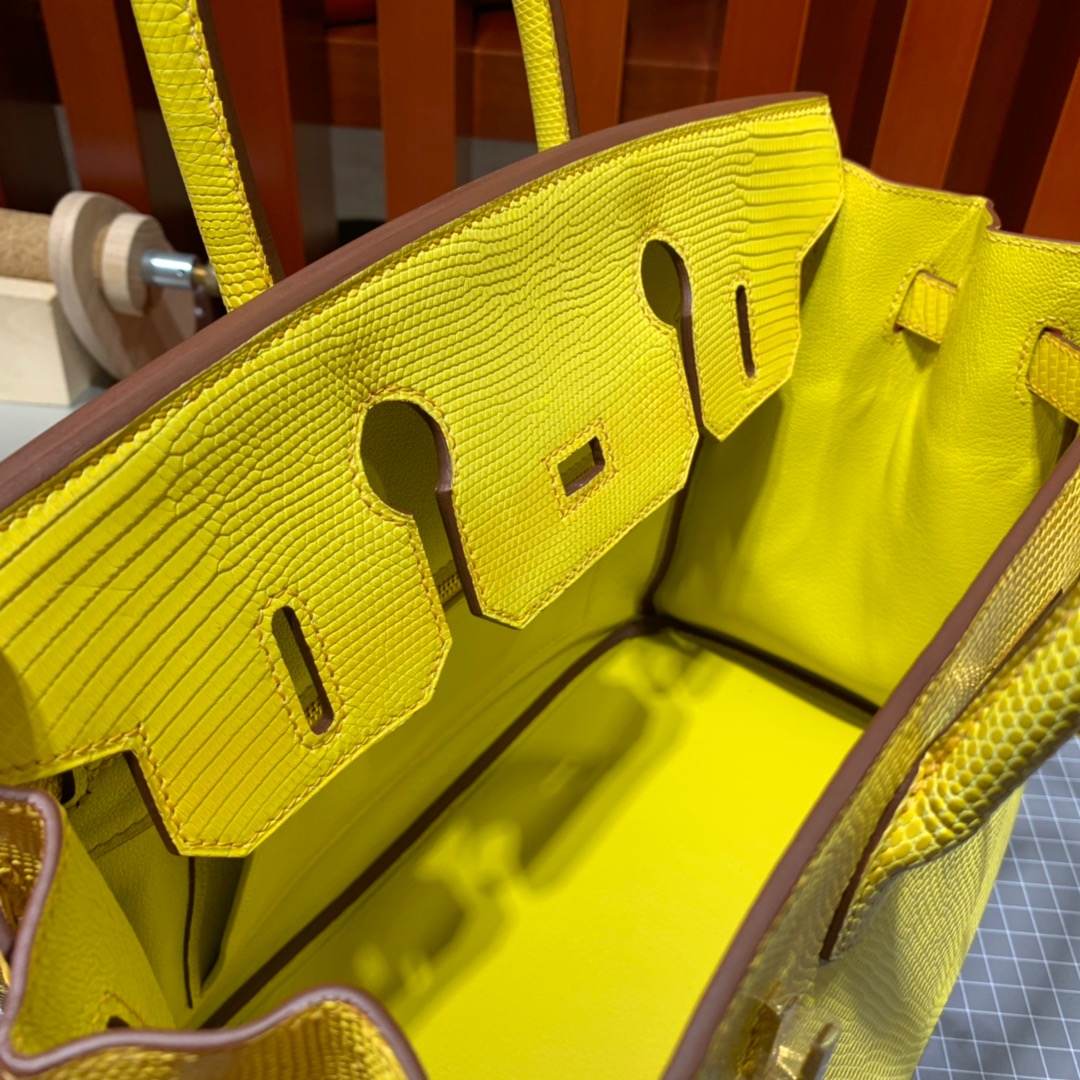 Hermes包包官网 爱马仕柠檬黄进口蜥蜴皮铂金包Birkin30CM 金扣