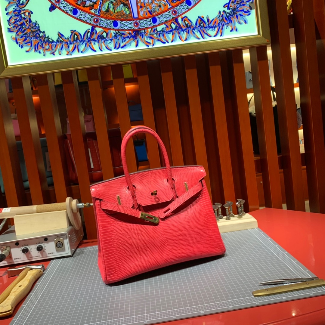 爱马仕铂金包价格 Hermes Birkin30CM 西瓜红蜥蜴皮Lizard 金扣