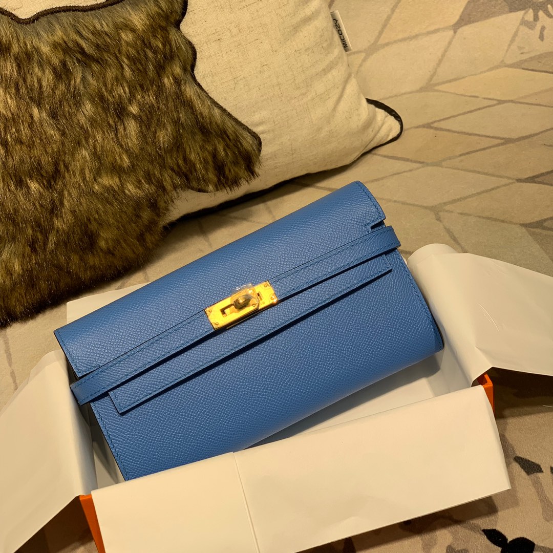 现货 爱马仕凯莉钱包 Hermes Kelly Wallet 7Q希腊蓝Epsom牛皮 金扣