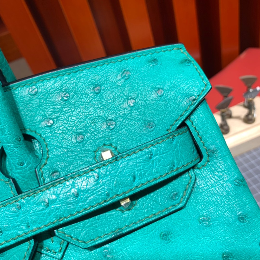现货 爱马仕铂金包价格 Hermes Birkin30CM 薄荷绿南非鸵鸟皮铂金包 金扣