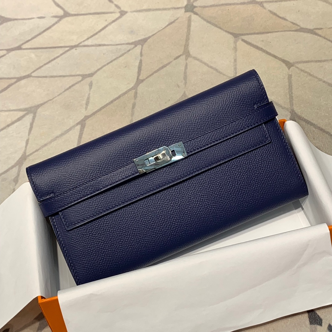 现货 爱马仕凯莉钱包手包 Hermes Kelly Wallet 75宝石蓝epsom牛皮 银扣
