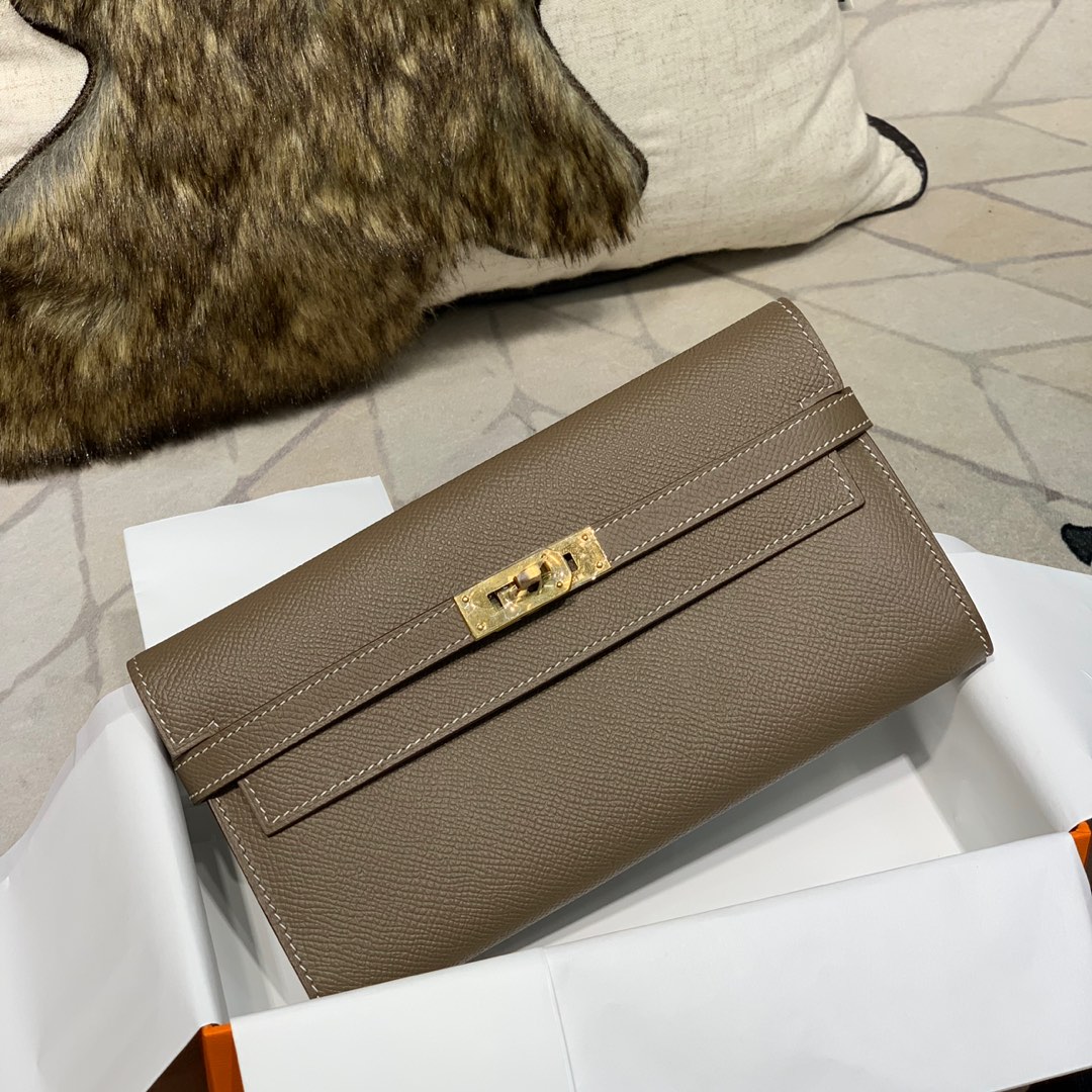 现货 爱马仕凯莉钱包手拿包 Hermes Kelly Wallet CK18大象灰epsom牛皮 金扣