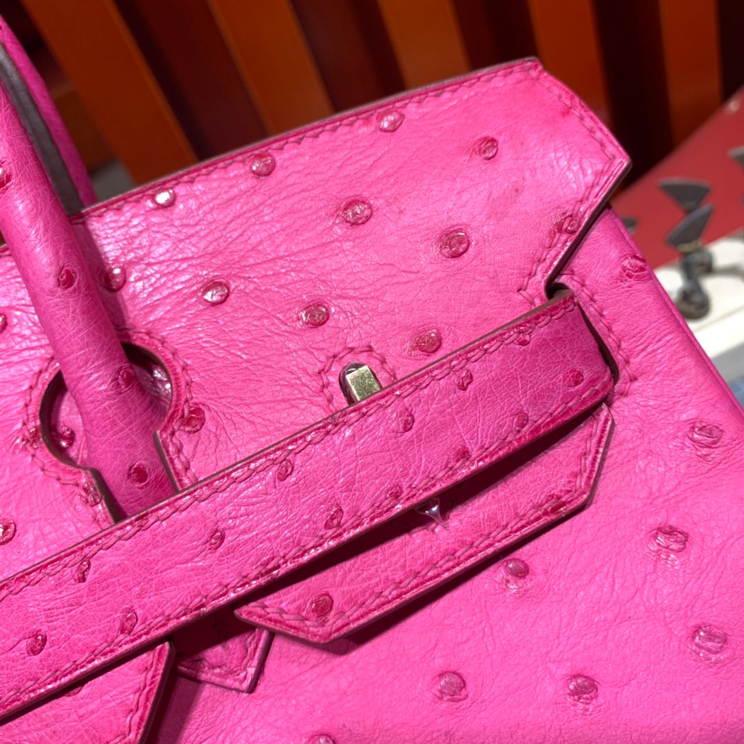 现货 Hermes新款女包 爱马仕桃红色南非鸵鸟皮手工缝制铂金包Birkin30CM 金扣