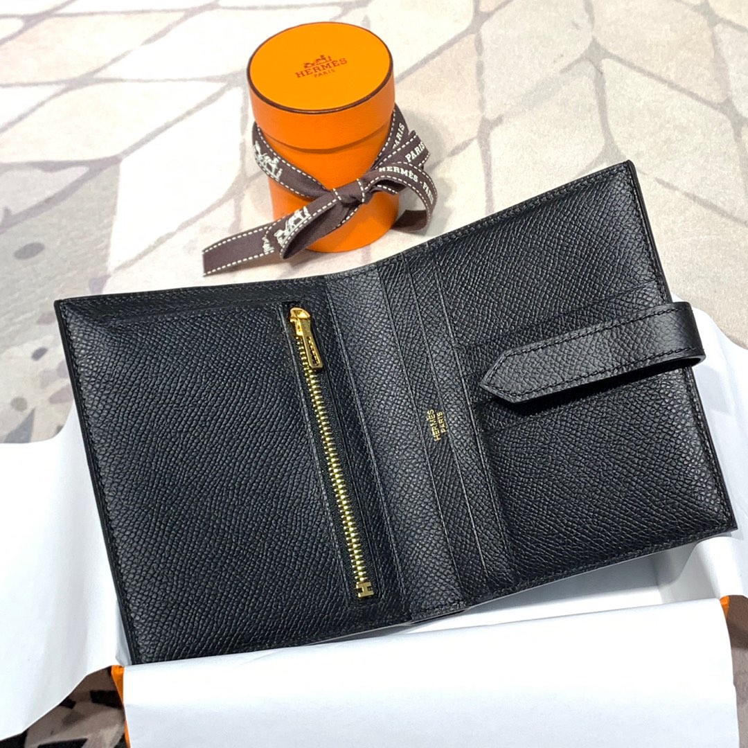 现货 爱马仕钱包价格 Hermes89黑色Epsom牛皮Bearn短款钱夹 金扣