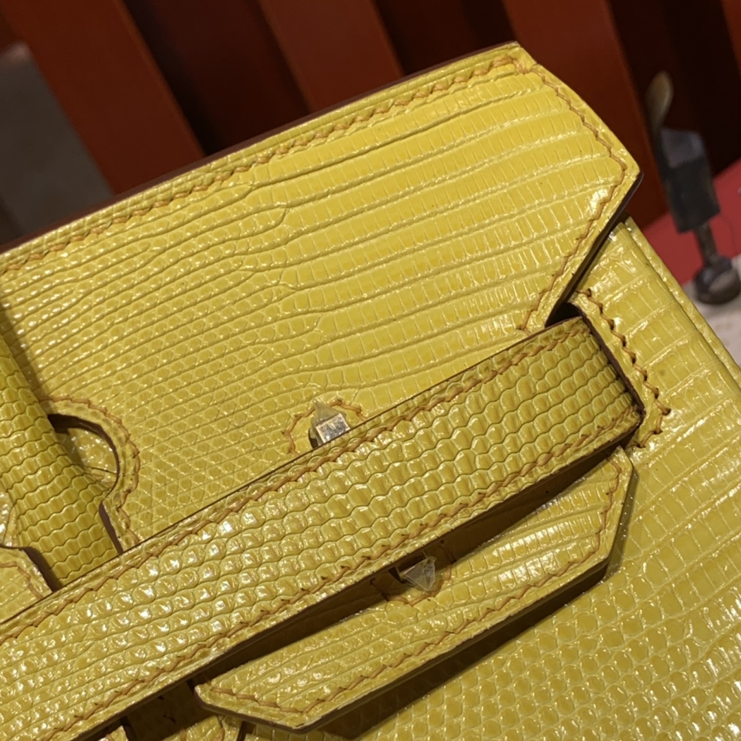 Hermes包包官网 爱马仕柠檬黄进口蜥蜴皮铂金包Birkin30CM 金扣